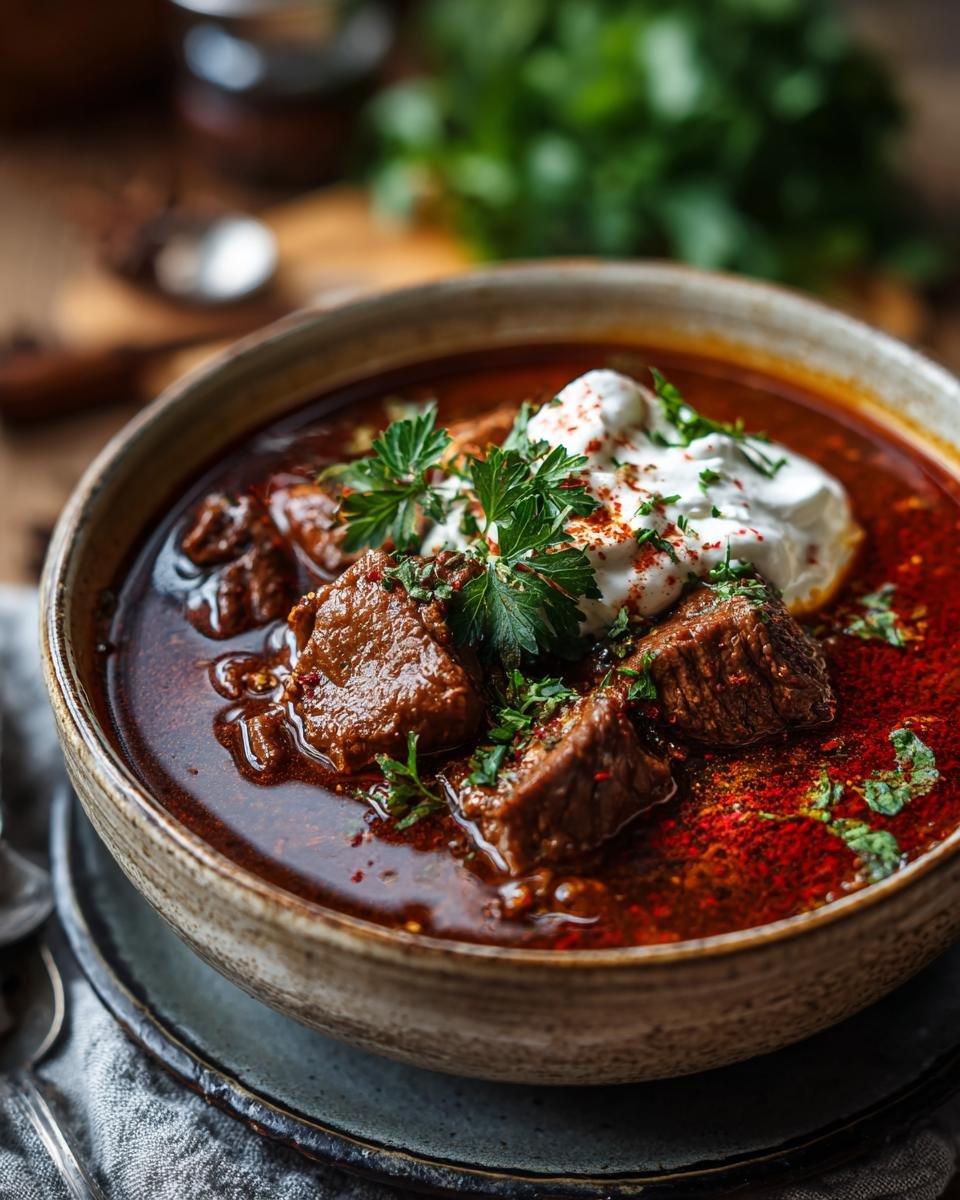 A close-up of a bowl of Glühweingulasch, featuring tender beef chunks in a rich, red sauce, topped with sour cream and fresh parsley.