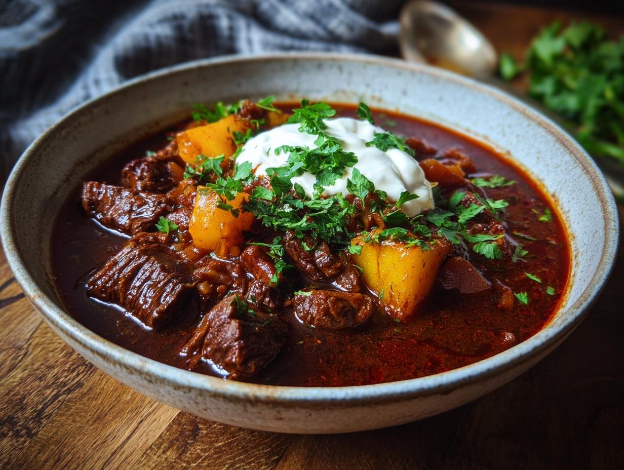 A close-up of a bowl of Glühweingulasch, featuring tender beef, potatoes, and a dollop of sour cream topped with fresh parsley.