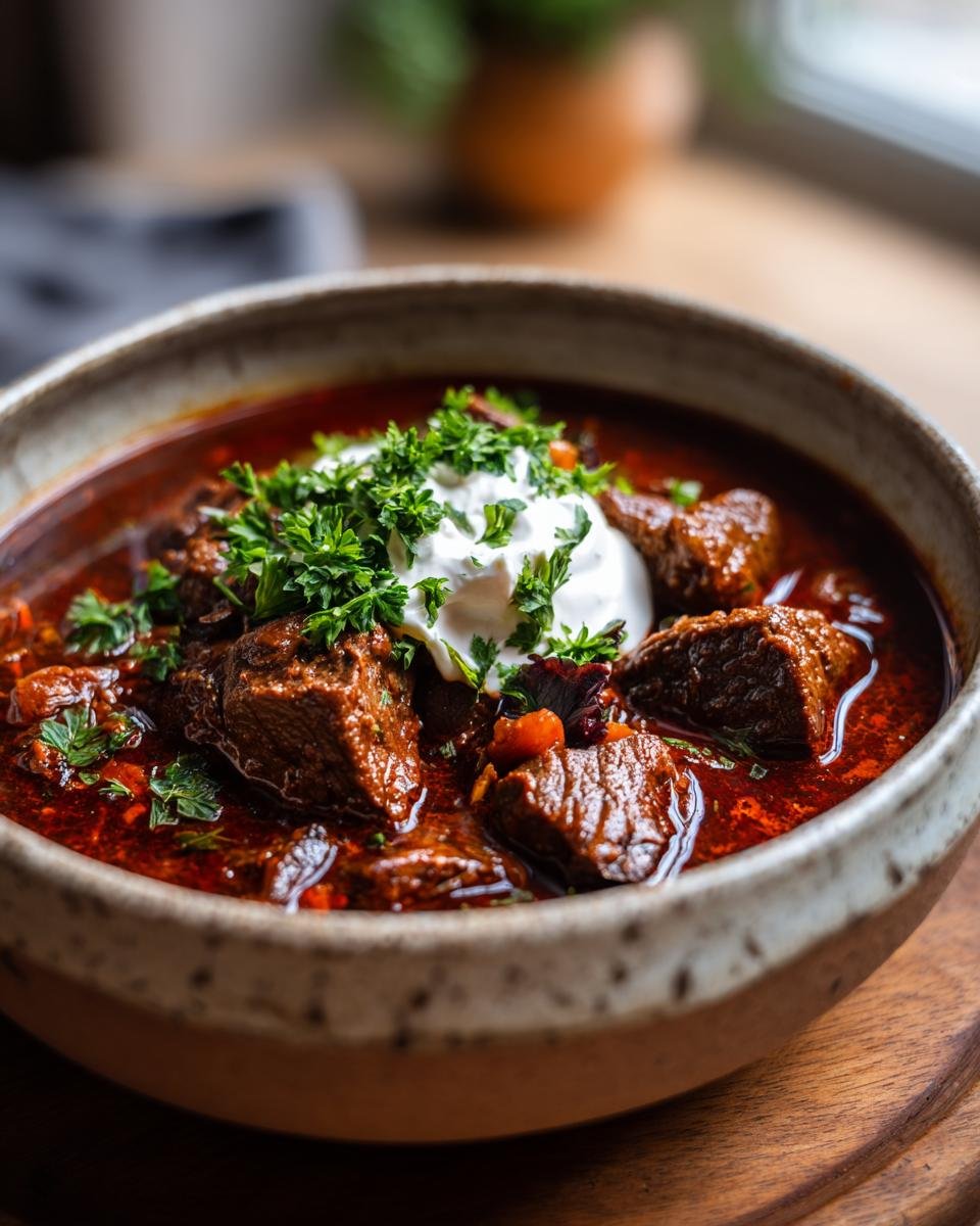 A close-up of a bowl of Glühweingulasch, featuring tender beef chunks in a rich red sauce, topped with a dollop of cream and fresh parsley.