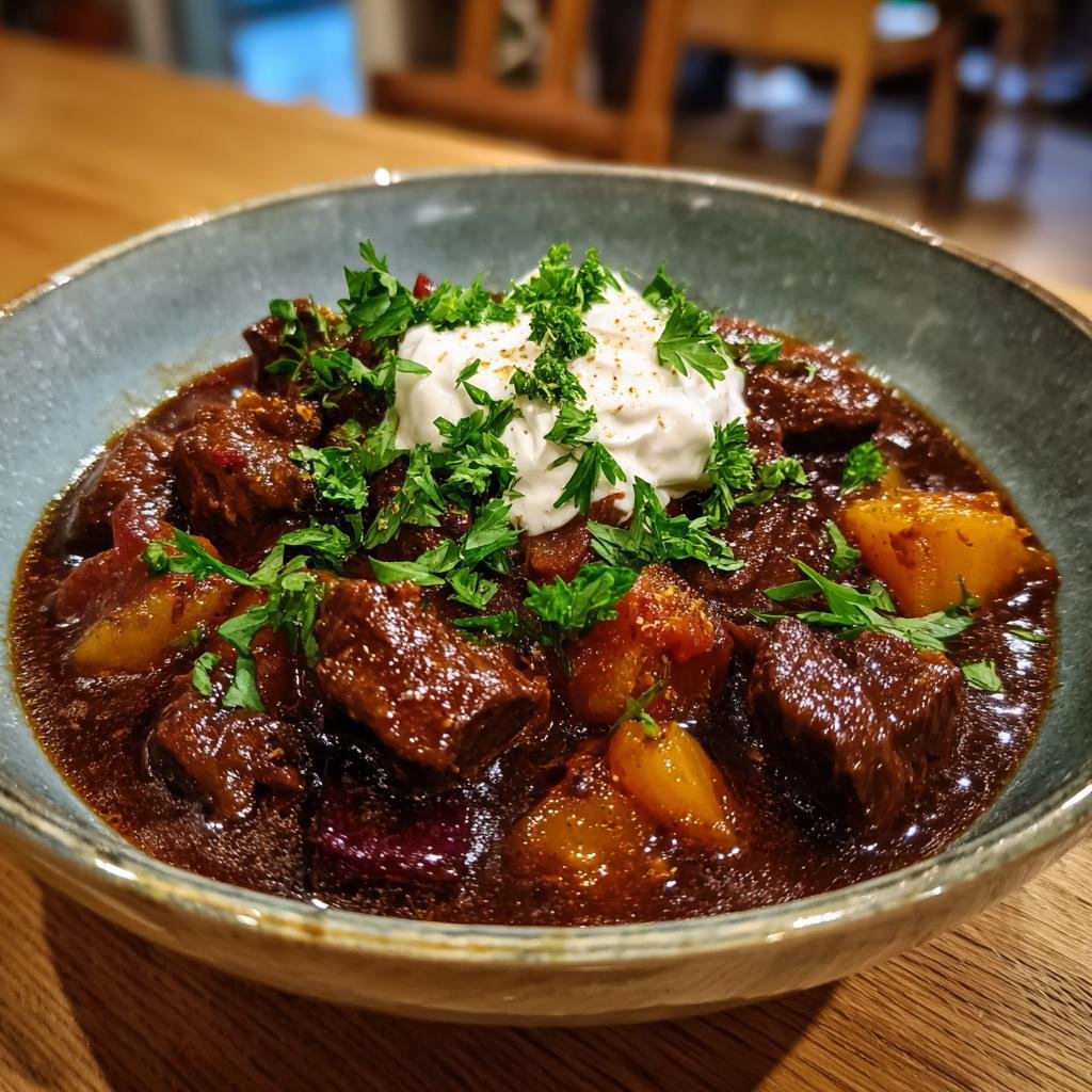 A close-up of a bowl of Glühweingulasch, featuring tender beef chunks, root vegetables, and a dollop of sour cream topped with fresh parsley.