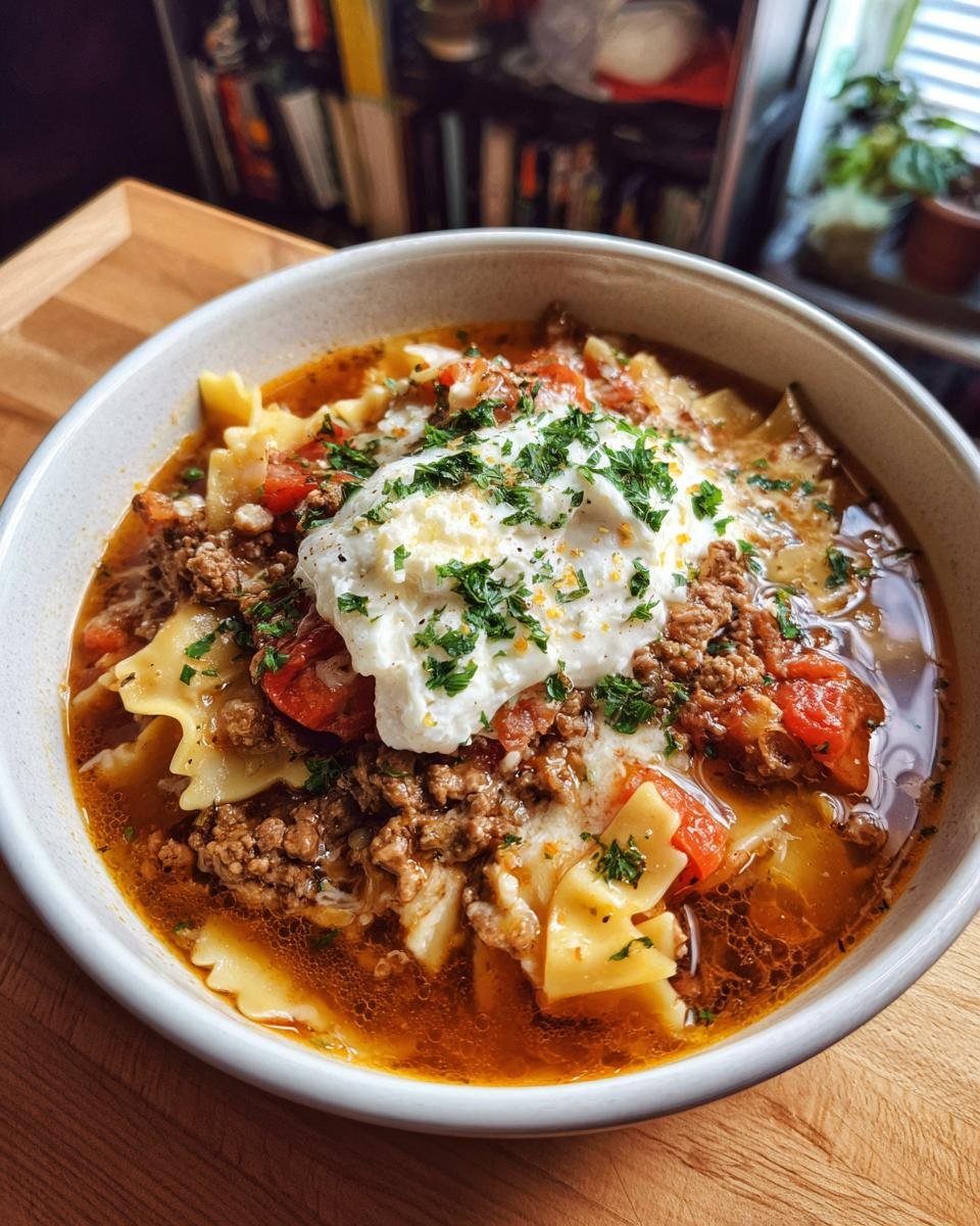 A close-up of a bowl of Gluten Free Lasagna Soup, featuring pasta, ground meat, tomatoes, and a dollop of ricotta cheese topped with parsley.