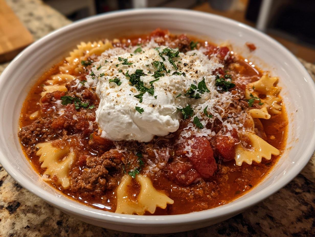 A hearty bowl of Gluten Free Lasagna Soup, featuring farfalle pasta, rich meat sauce, topped with ricotta cheese and fresh parsley.