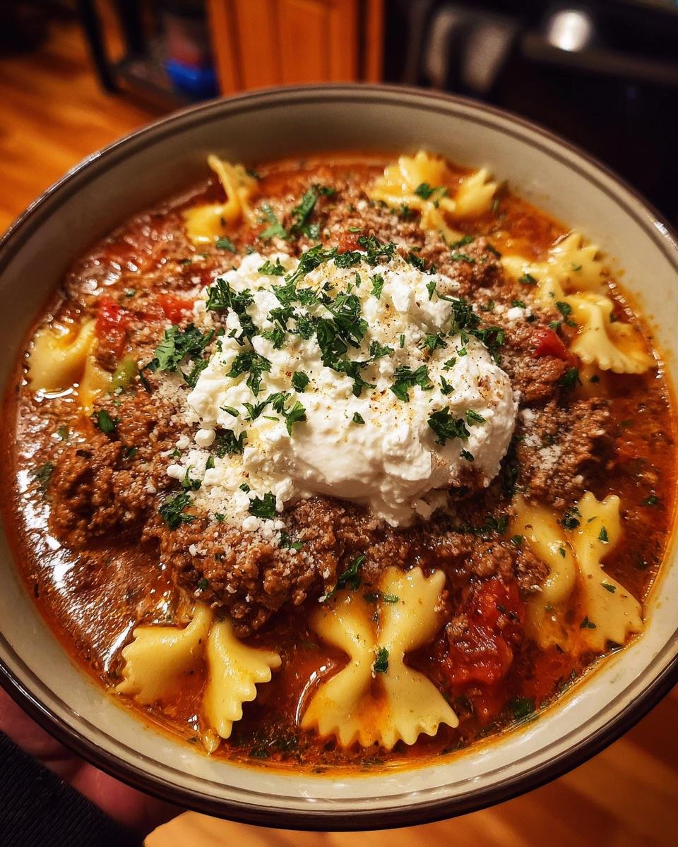 A bowl of Gluten Free Lasagna Soup featuring farfalle pasta, rich meat sauce, and a dollop of ricotta cheese topped with parsley.