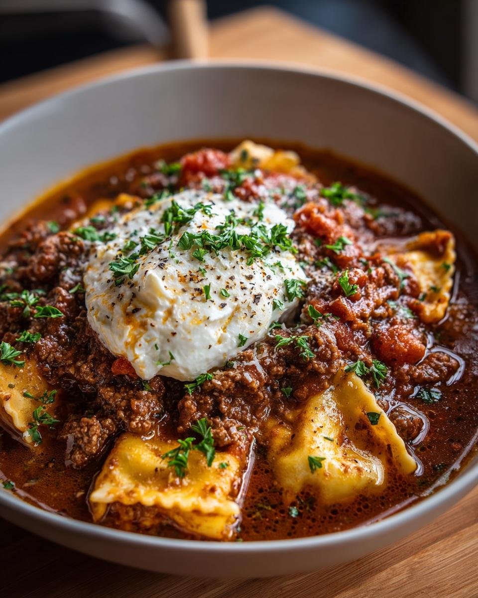 A bowl of Gluten Free Lasagna Soup filled with ravioli, rich meat sauce, and topped with a dollop of ricotta and parsley.