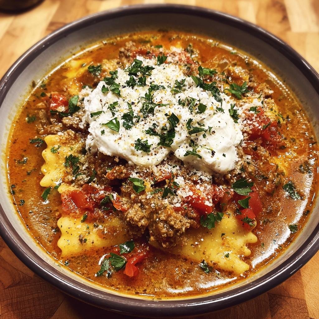 A hearty bowl of Gluten Free Lasagna Soup topped with creamy ricotta, fresh parsley, and grated cheese.
