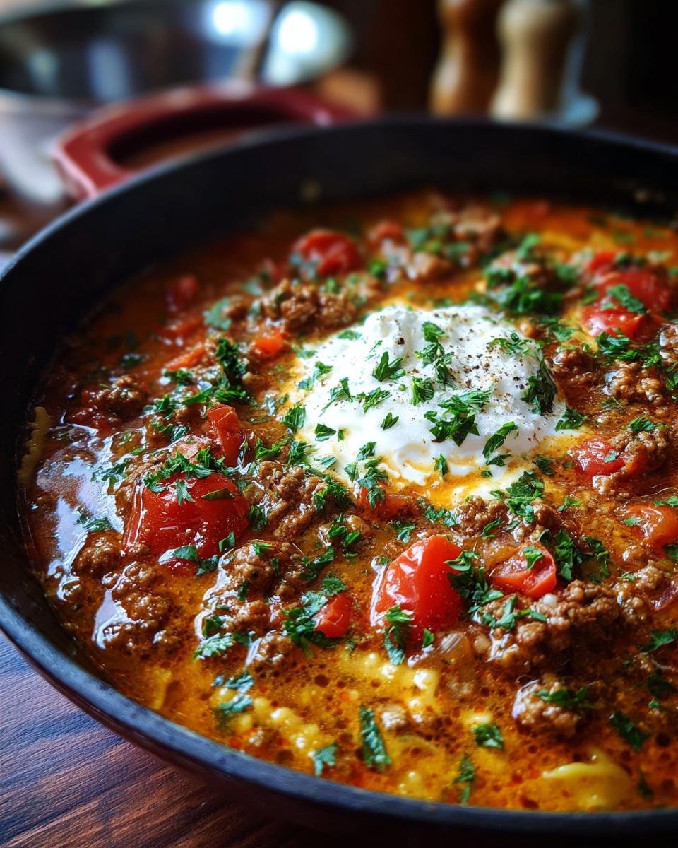 A hearty bowl of Gluten Free Lasagna Soup with ground meat, tomatoes, and a dollop of sour cream, garnished with parsley.