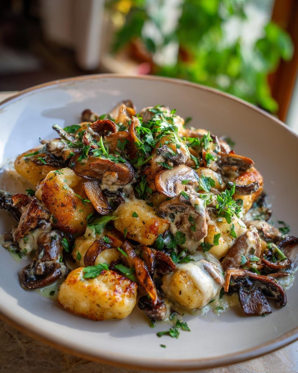 Close-up of Gnocchi mit Pilzen, featuring pan-fried gnocchi in a creamy mushroom sauce, garnished with fresh parsley.