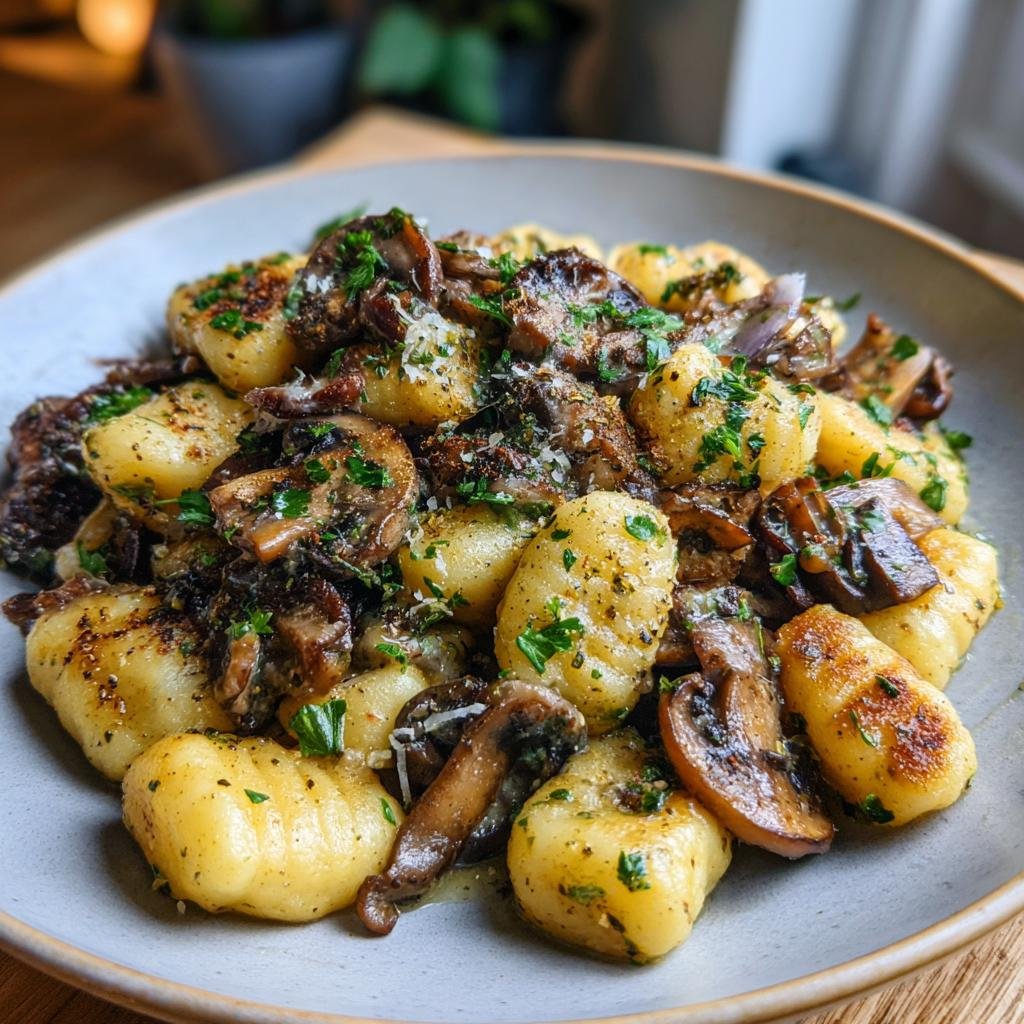 A close-up of Gnocchi mit Pilzen, featuring golden-brown gnocchi mixed with sautéed mushrooms and fresh parsley.