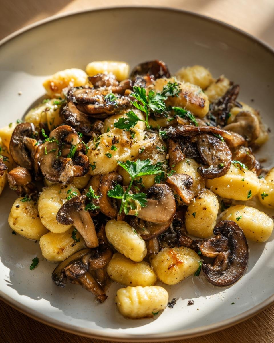 A close-up of Gnocchi mit Pilzen, featuring golden-brown gnocchi and sautéed mushrooms, garnished with fresh parsley.
