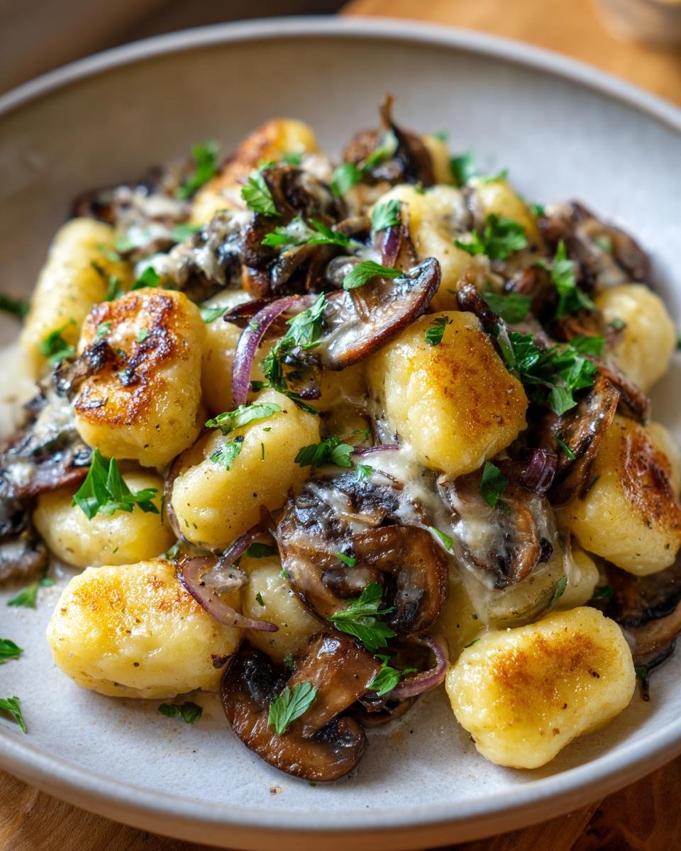 Close-up of Gnocchi mit Pilzen, featuring pan-fried gnocchi with sautéed mushrooms and red onions, topped with fresh parsley.