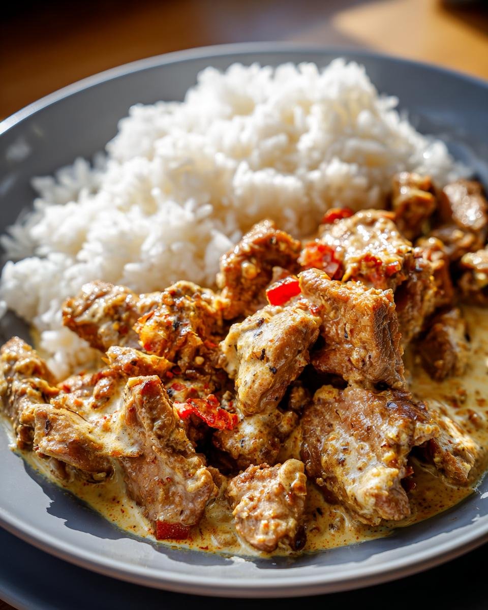 Eine Nahaufnahme von Gyros Geschnetzeltes mit Reis auf einem grauen Teller, serviert mit einer cremigen Sauce.