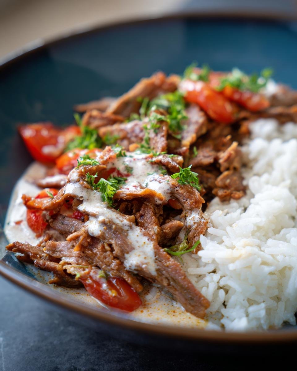 Eine Schüssel mit Gyros Geschnetzeltes mit Reis, garniert mit Tomaten und Kräutern.