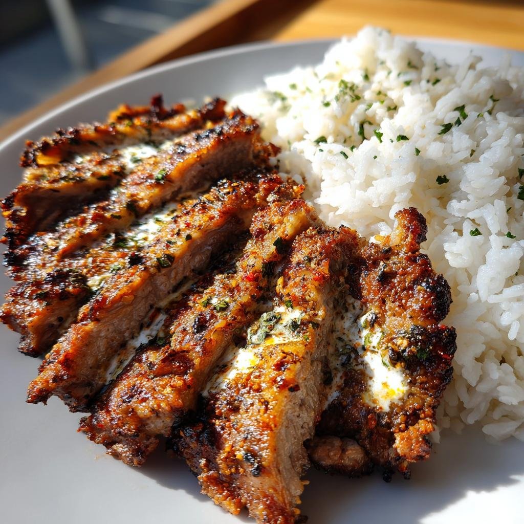 Close-up of sliced Gyros Geschnetzeltes mit Reis, featuring tender pork with spices and a side of fluffy rice.