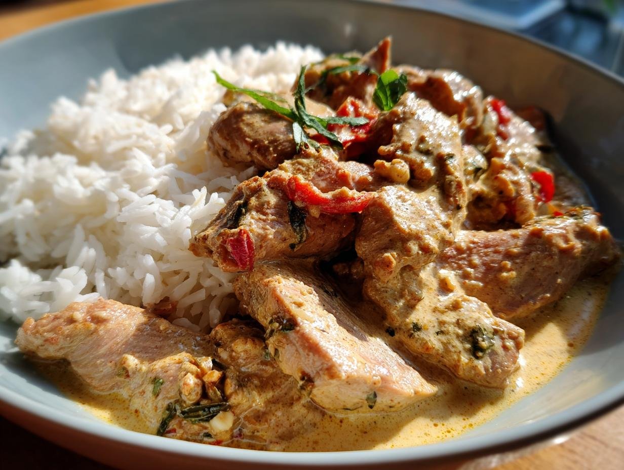 Eine Schüssel mit Gyros Geschnetzeltes mit Reis, garniert mit Kräutern und Paprikastücken.