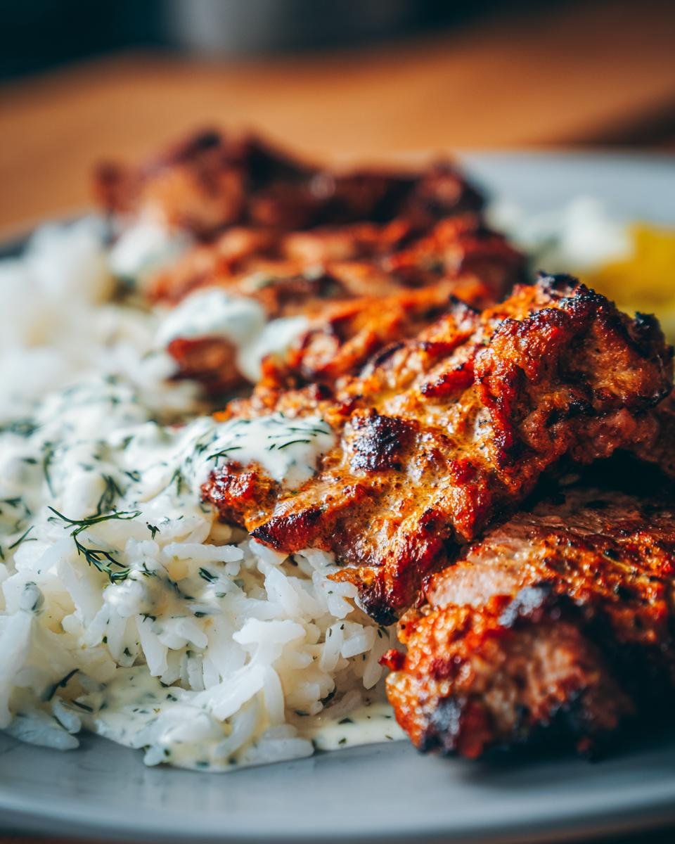 Nahaufnahme von Gyros Geschnetzeltes mit Reis, garniert mit Kräutern und Sauce.