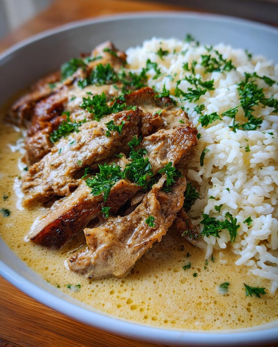 Close-up of tender Gyros in Metaxa-Sauce served with fluffy white rice and garnished with fresh parsley.