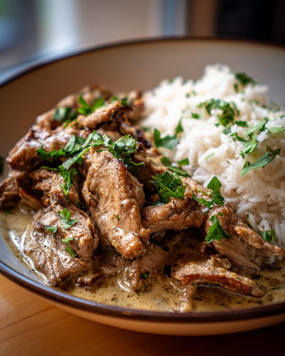 Close-up of tender Gyros in Metaxa-Sauce served with fluffy white rice and garnished with fresh parsley.