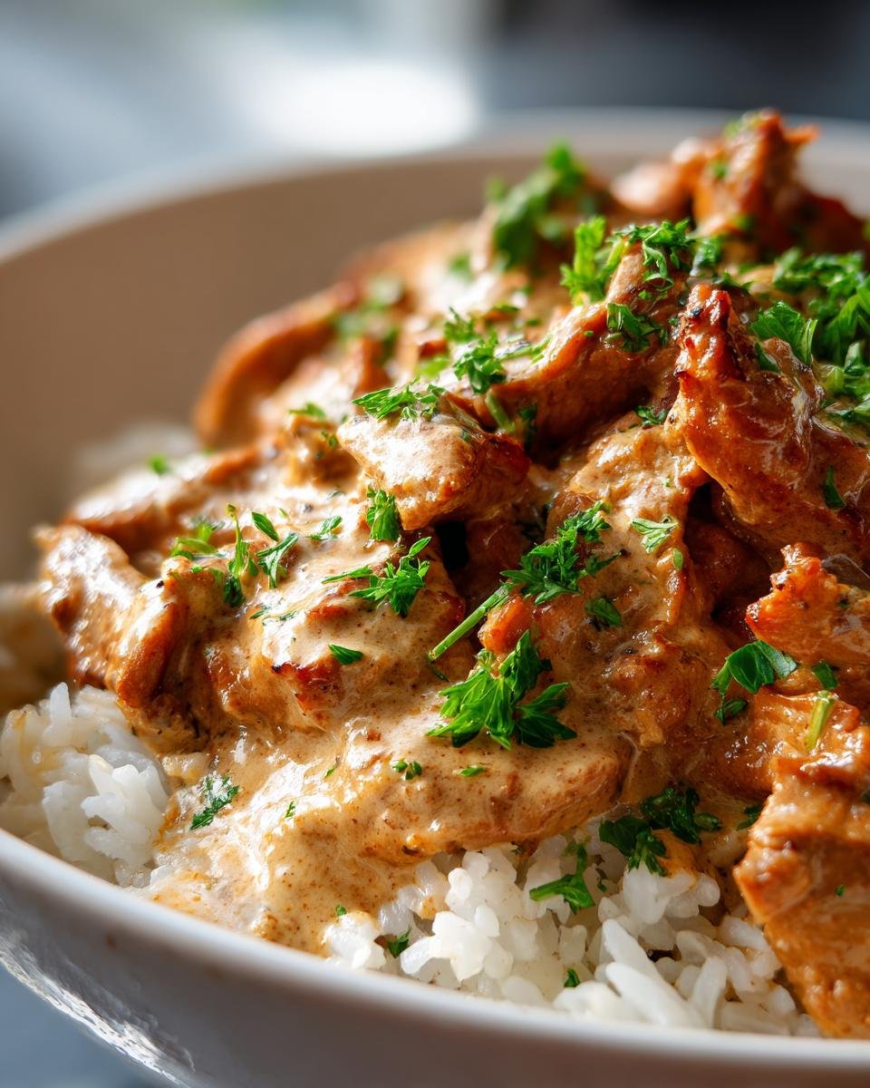 Close-up of tender Gyros in Metaxa-Sauce served over fluffy white rice, garnished with fresh parsley.
