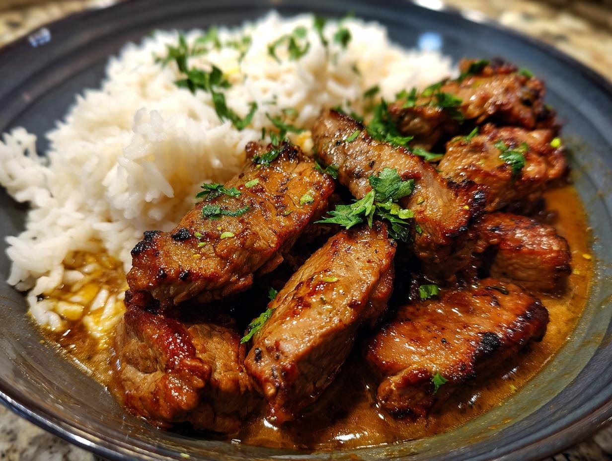 Close-up of tender Gyros in Metaxa-Sauce served with fluffy white rice and garnished with fresh parsley.