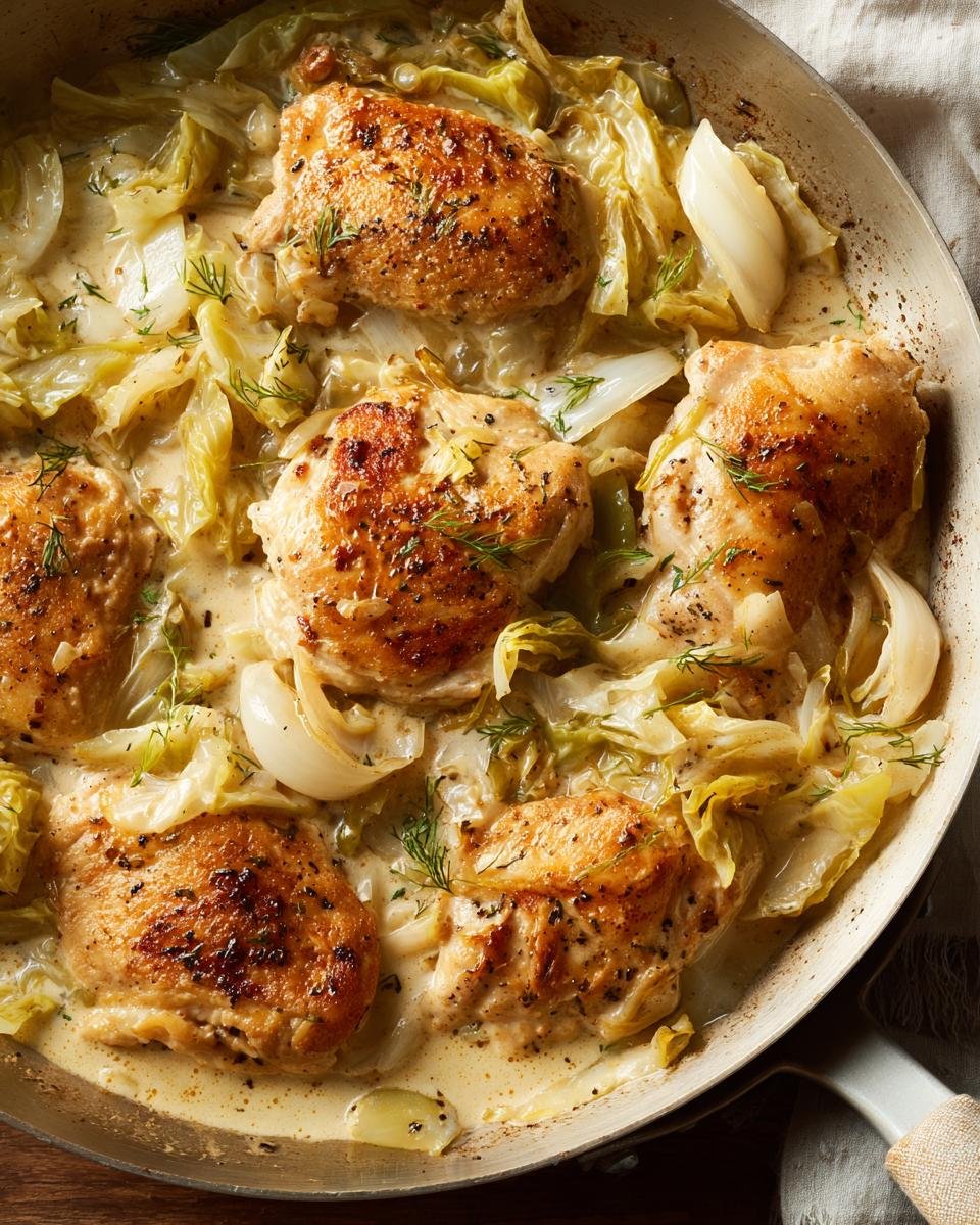 Hähnchen-Kohl-Pfanne mit saftigen Hähnchenschenkeln und Kohl in cremiger Sauce, garniert mit Dill.