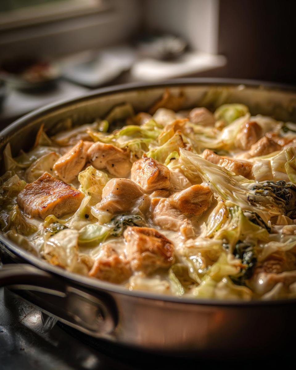 Nahaufnahme einer Hähnchen-Kohl-Pfanne mit cremiger Sauce und gebratenen Hähnchenstücken.