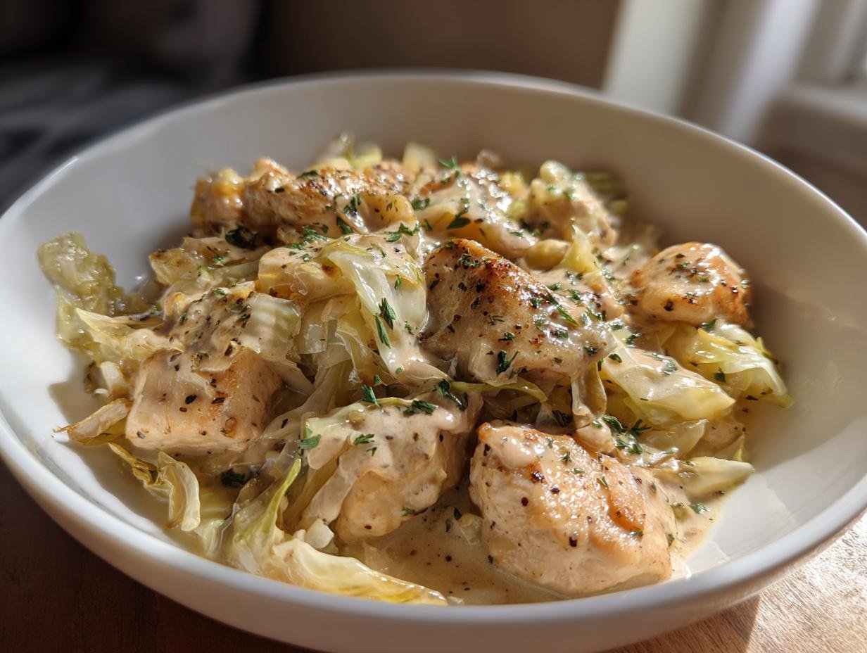 Eine Schüssel mit Hähnchen-Kohl-Pfanne, garniert mit Kräutern.