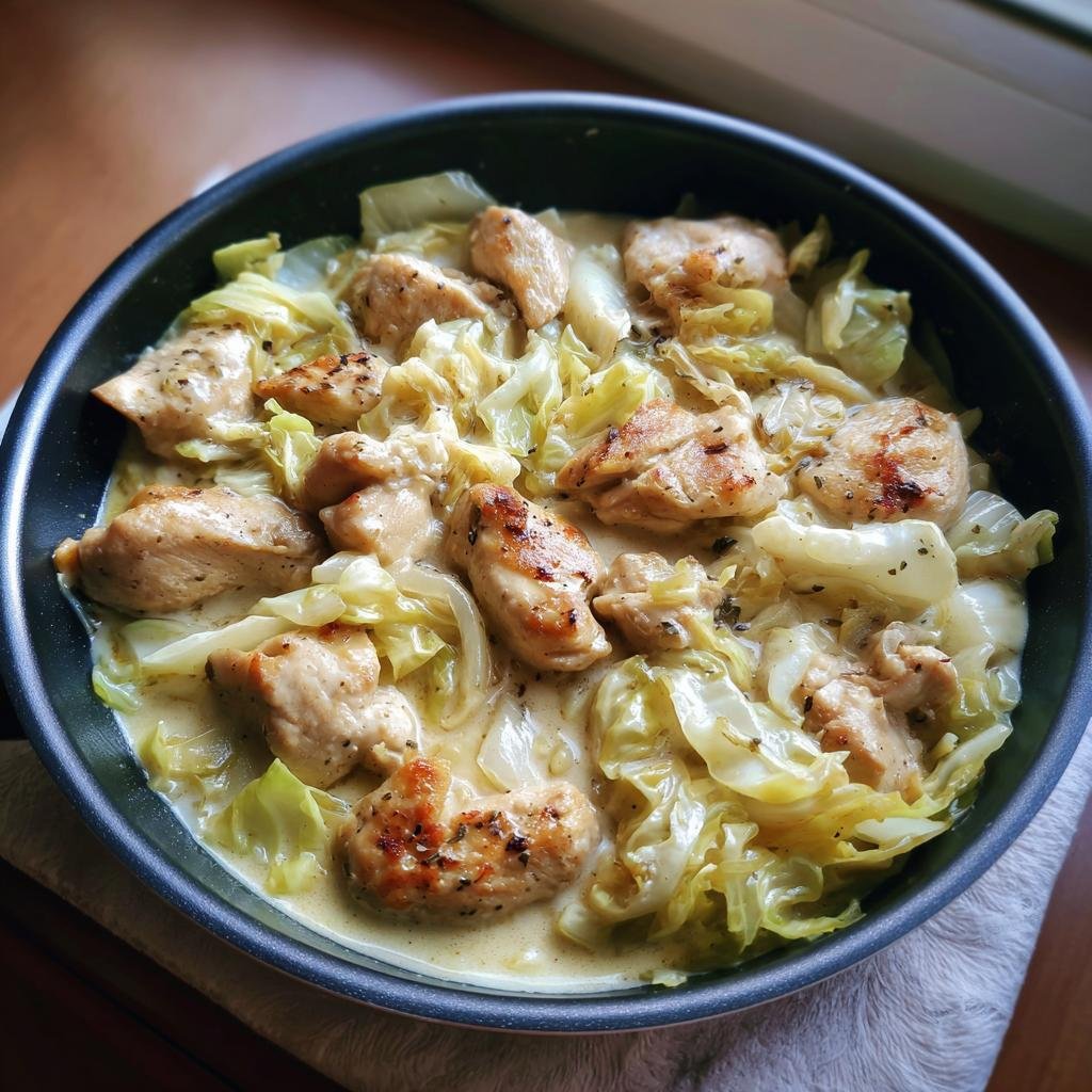A close-up of Hähnchen-Kohl-Pfanne, a German dish featuring tender chicken pieces and wilted cabbage in a creamy sauce.