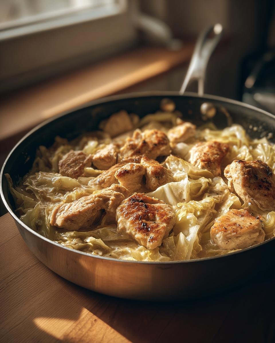 Hähnchen-Kohl-Pfanne mit gebratenen Hähnchenstücken und Kohl in einer Pfanne.