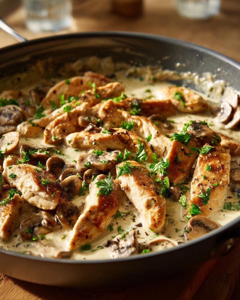 Hähnchen Stroganoff mit Suchtpotenzial Rezept in einer Pfanne mit Pilzen und Petersilie.