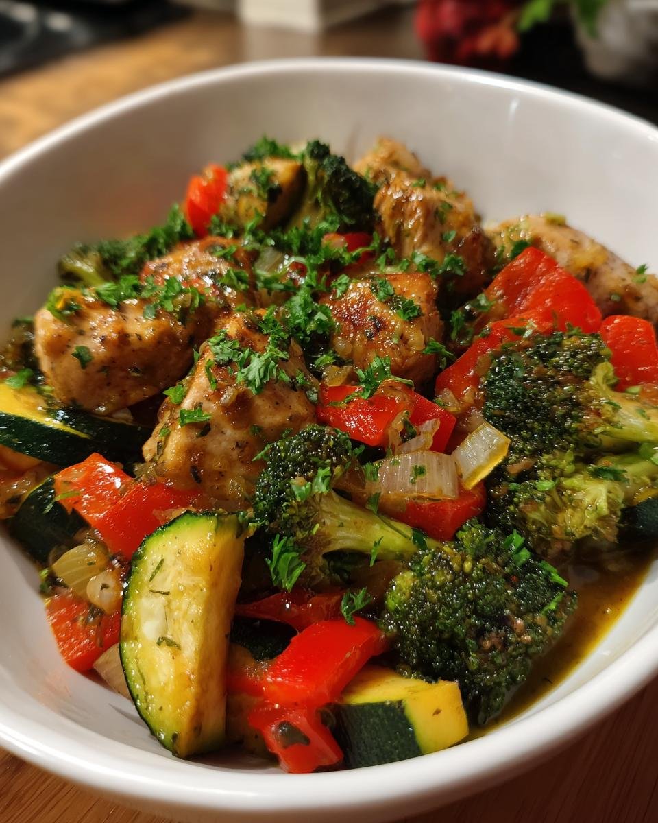 Hähnchenbrust Rezept mit Gemüse in einer weißen Schüssel, garniert mit Petersilie.