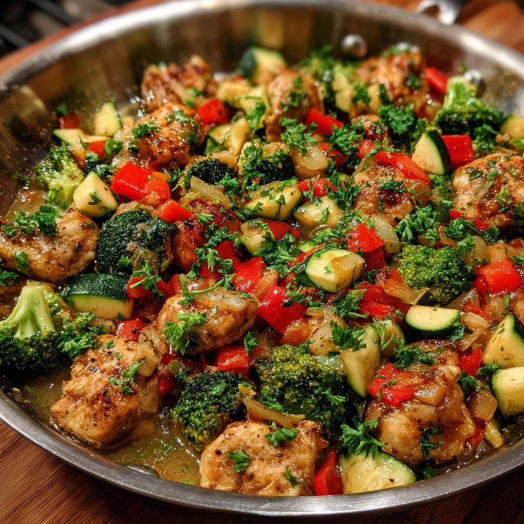 Hähnchenbrust Rezept mit Gemüse: Saftige Hähnchenstücke mit Brokkoli, Zucchini und Paprika in einer Pfanne, garniert mit Petersilie.