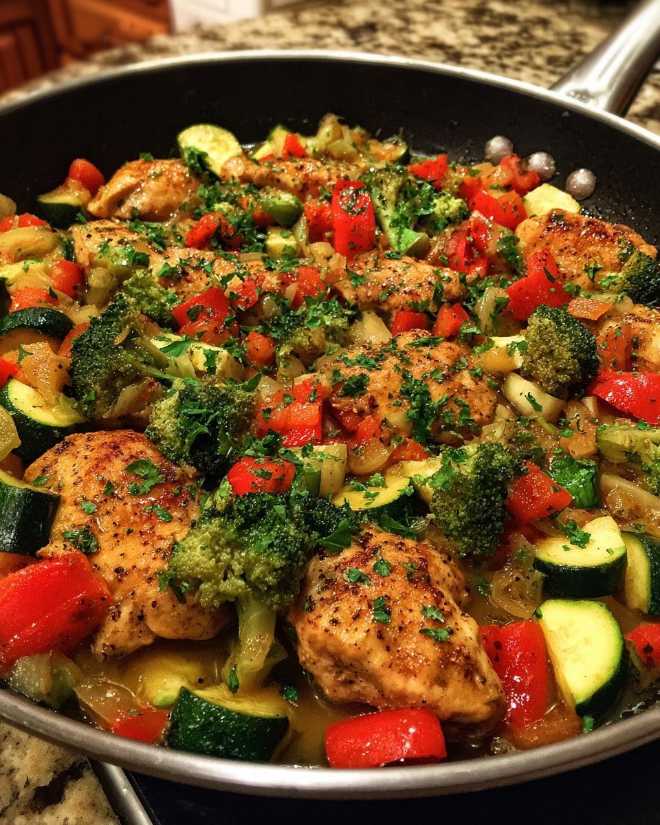 Hähnchenbrust Rezept mit Gemüse: Saftige Hähnchenbruststücke mit Brokkoli, Zucchini und Paprika in einer Pfanne.