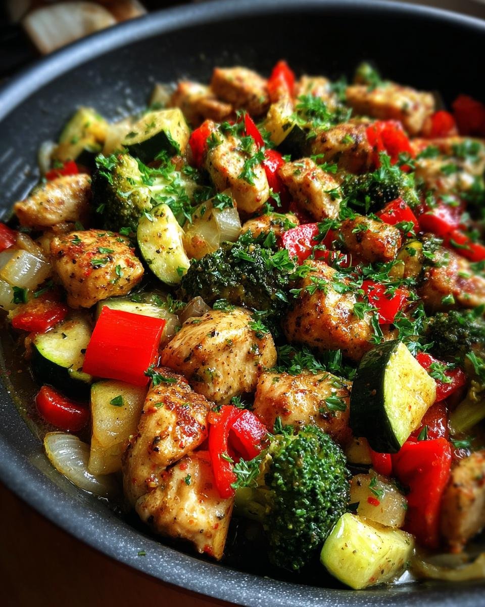 Gedünstete Hähnchenbrustwürfel mit Brokkoli, Zucchini und Paprika in einer Pfanne, garniert mit Petersilie.