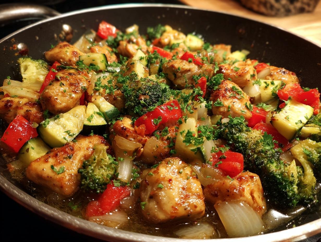 Gedünstete Hähnchenbruststücke mit Brokkoli, Zucchini, Paprika und Zwiebeln, garniert mit Petersilie.