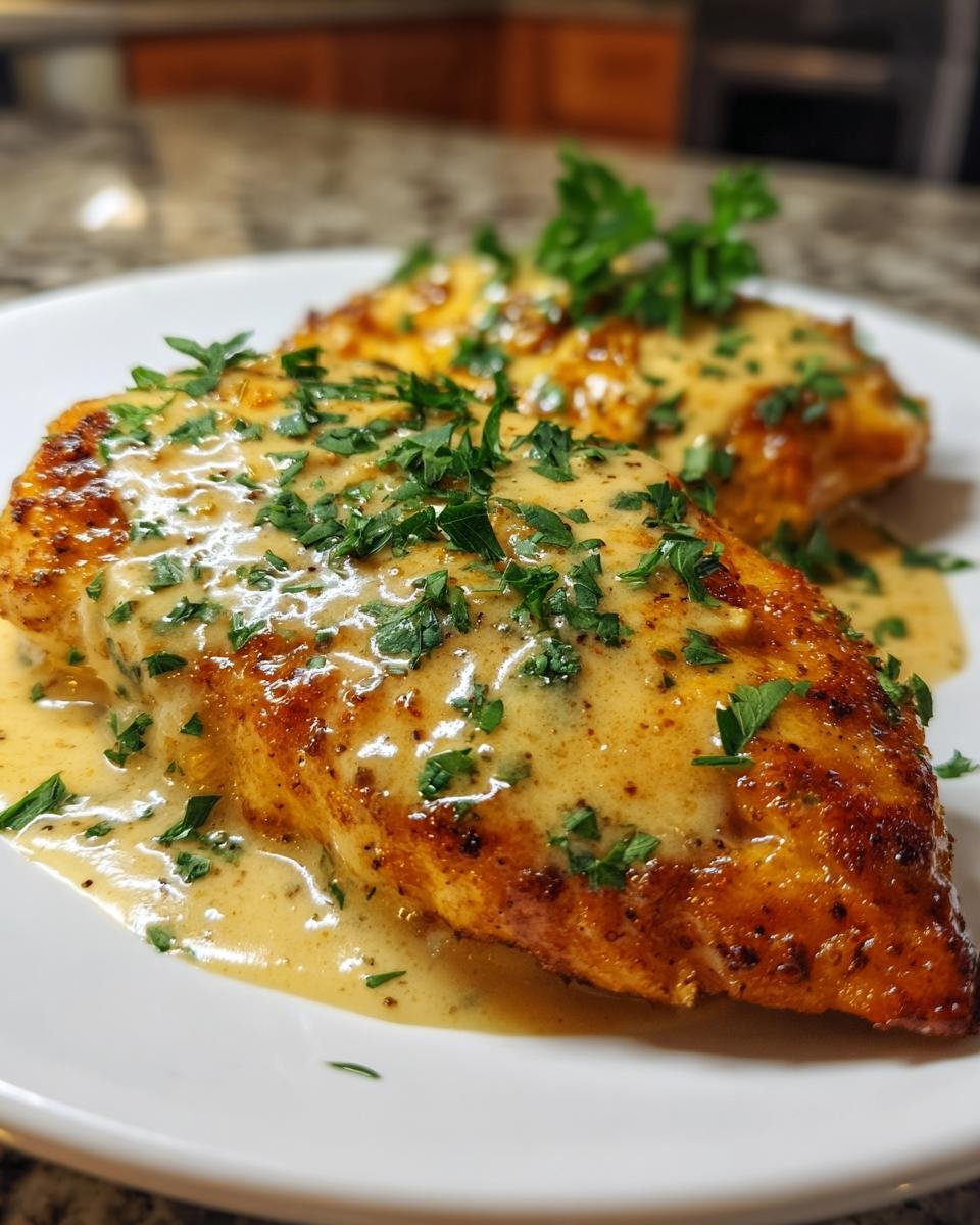 Zwei saftige Hähnchenbrustfilets, bedeckt mit einer cremigen Sauce und garniert mit frischer Petersilie, perfekt für Hähnchenbrust weihnachtlich.