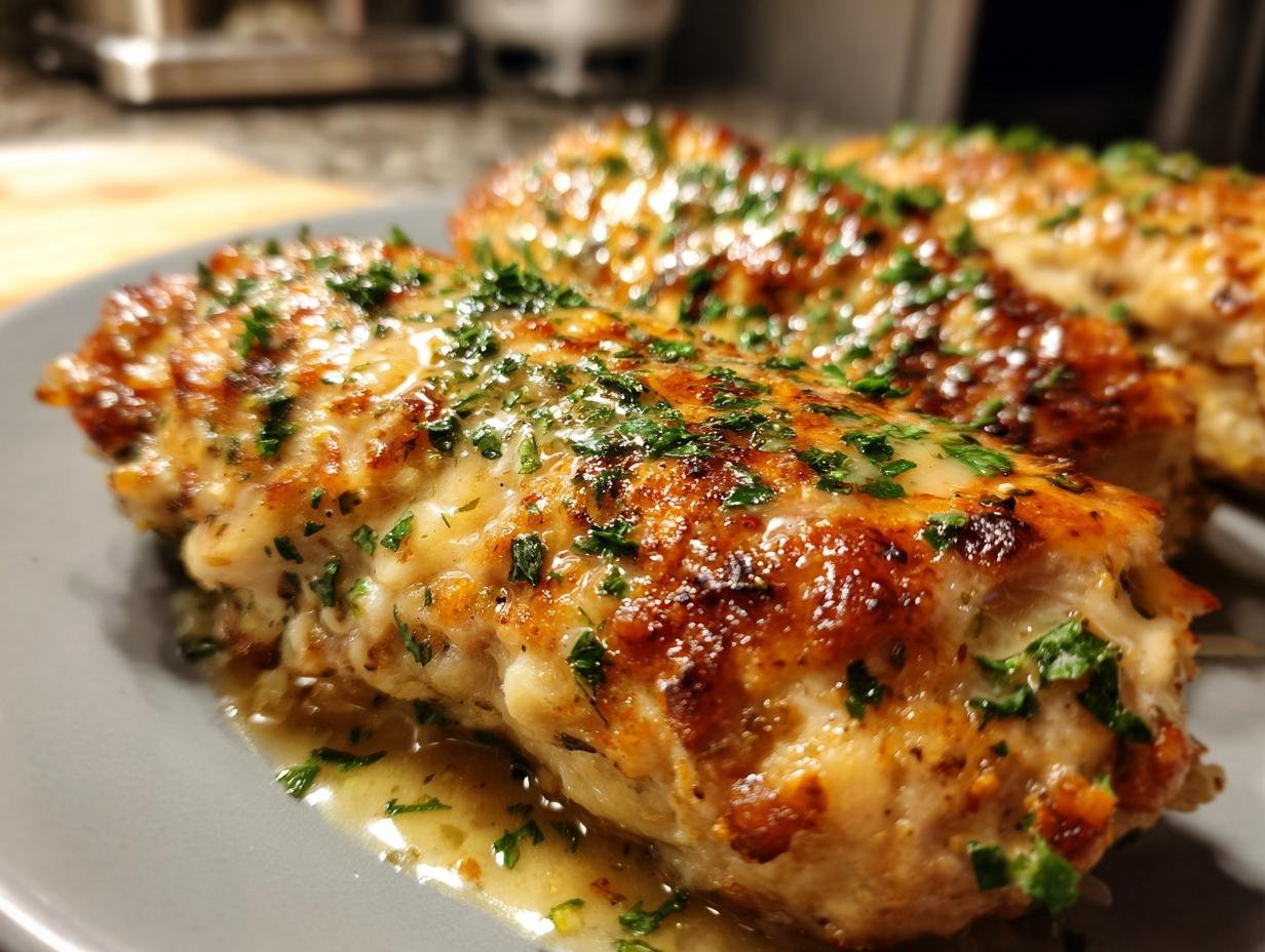 Nahaufnahme von saftiger Hähnchenbrust weihnachtlich, goldbraun gebraten und mit frischer Petersilie garniert.