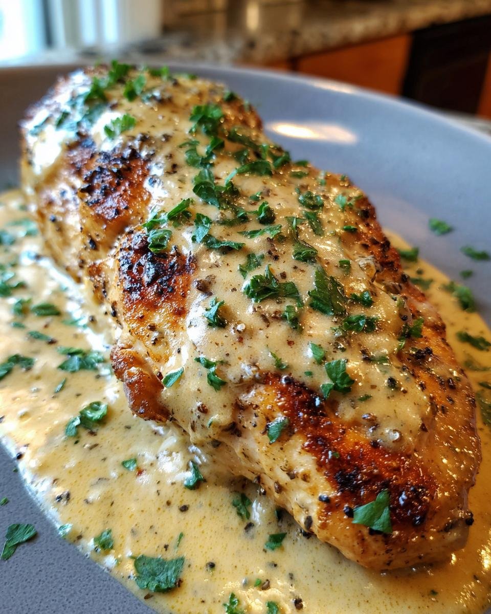 Saftige Hähnchenbrust weihnachtlich in cremiger Sauce, garniert mit Petersilie.