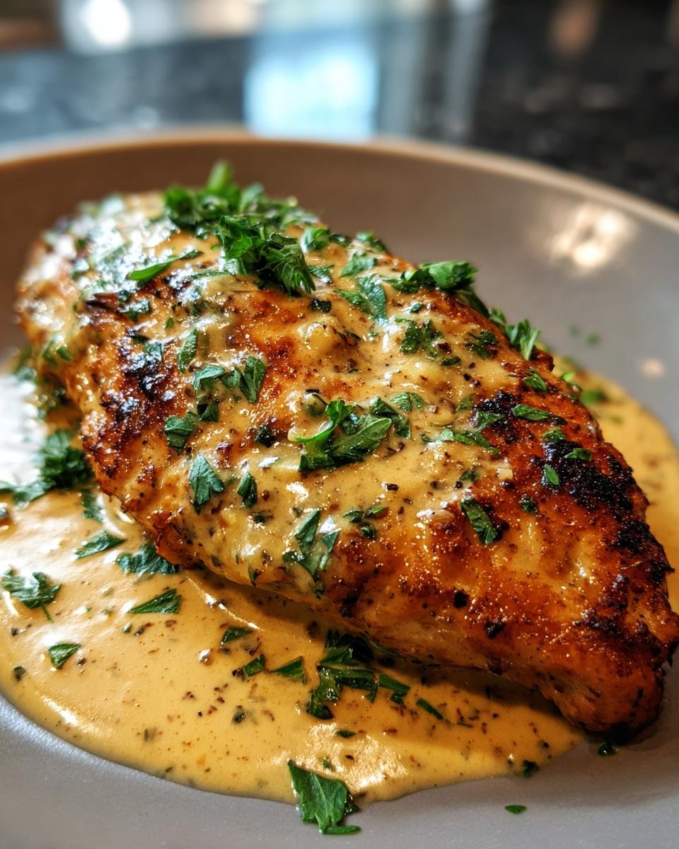 Eine festlich zubereitete Hähnchenbrust weihnachtlich, überzogen mit einer cremigen Sauce und garniert mit frischer Petersilie.