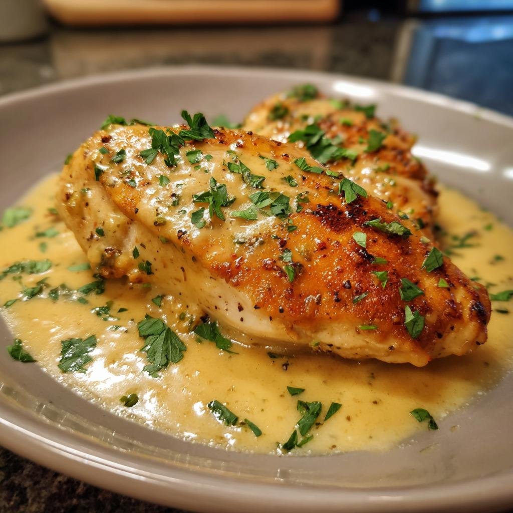 Zwei saftige Hähnchenbrustfilets in einer cremigen Sauce, garniert mit Petersilie, für Hähnchenbrust weihnachtlich.
