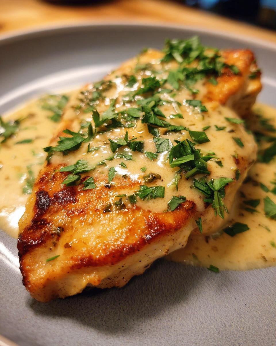 Ein saftiges Hähnchenbrustfilet, bedeckt mit einer cremigen Soße und garniert mit frischer Petersilie, als Hähnchenbrust weihnachtlich.