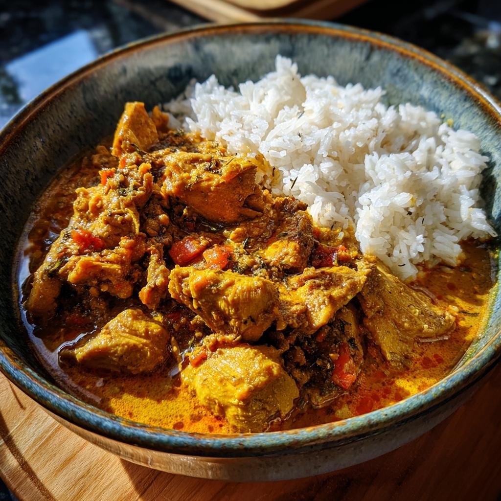 Ein köstliches Hähnchencurry mit Reis, ein Beispiel für Rezepte mit Fleisch.