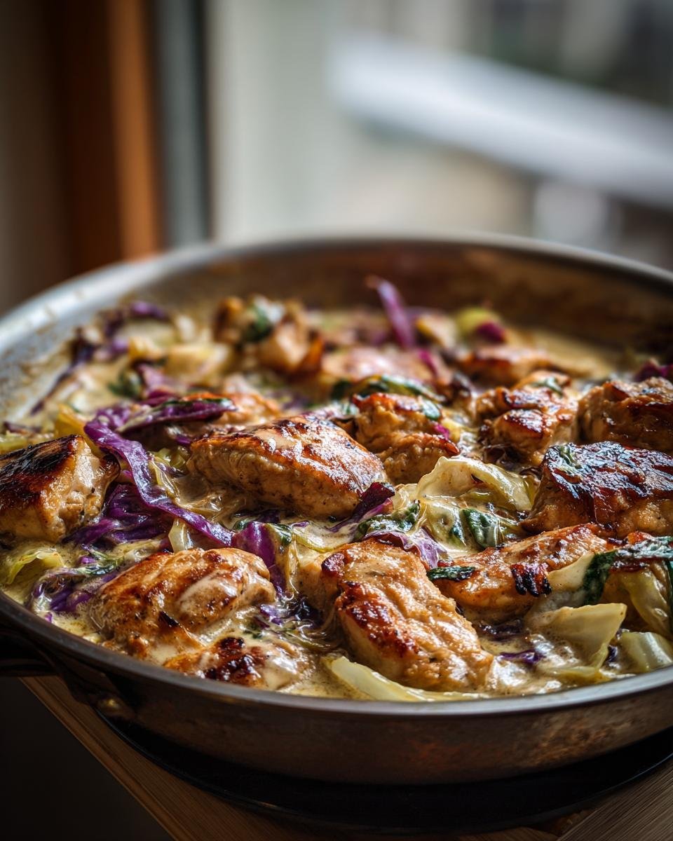 Nahaufnahme einer Hähnchen-Kohl-Pfanne mit goldbraunen Hähnchenstücken und zartem Kohl in einer cremiger Sauce.