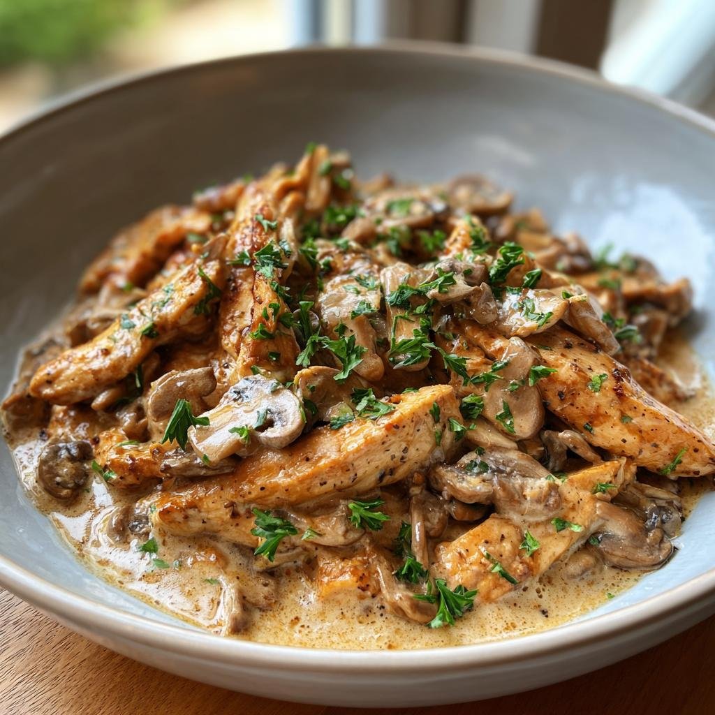 Eine Schüssel Hähnchen Stroganoff mit Pilzen und Petersilie, ein köstliches Gericht.