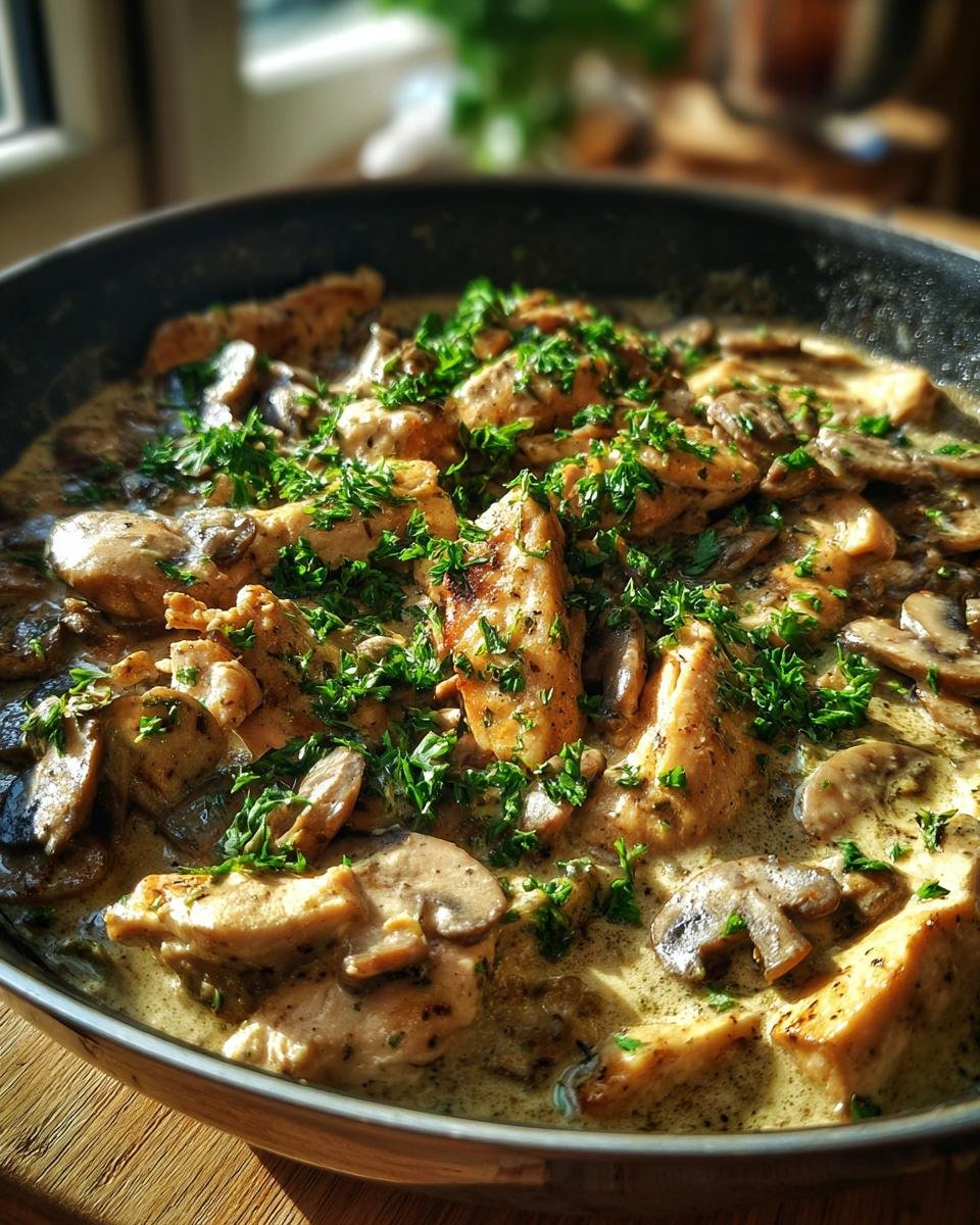 Close-up of Hähnchen Stroganoff mit Suchtpotenzial Rezept in a pan, garnished with fresh parsley.