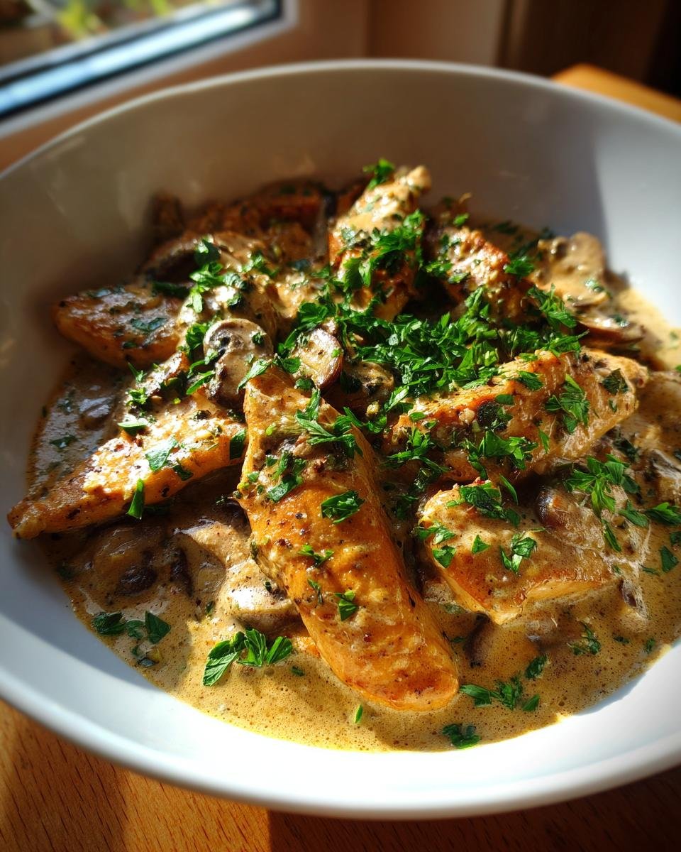 Hähnchen Stroganoff mit Suchtpotenzial Rezept in einer Schüssel, garniert mit Petersilie.