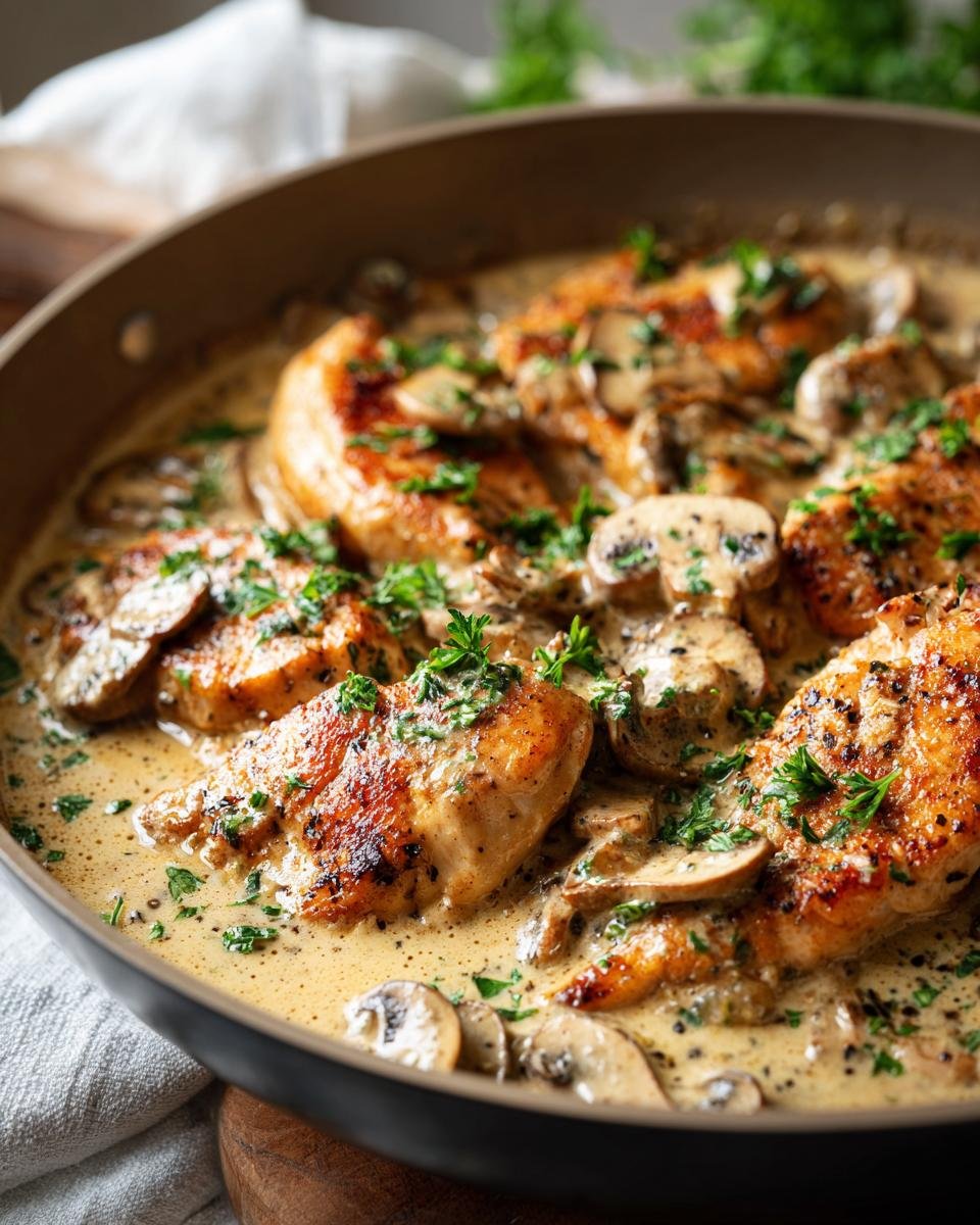 Saftige Hähnchenbruststücke in cremiger Pilzsoße, garniert mit Petersilie – Hähnchen Stroganoff mit Suchtpotenzial Rezept.