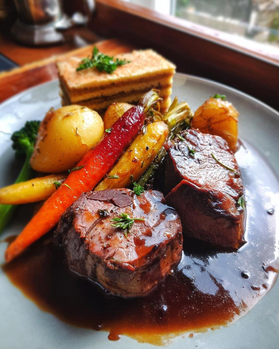 Heimisches Wild auf Gin Jus mit Baumkuchen und Wintergemüse: Zarte Wildmedaillons mit glänzender Gin-Jus-Sauce, dazu bunte Wintergemüse und ein Stück Baumkuchen.