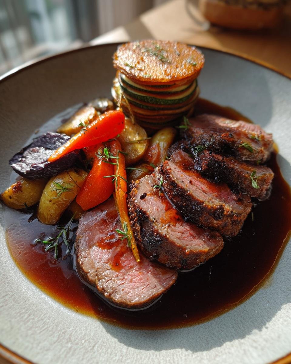 Heimisches Wild auf Gin Jus, serviert mit Baumkuchen und Wintergemüse wie Karotten und Kartoffeln.