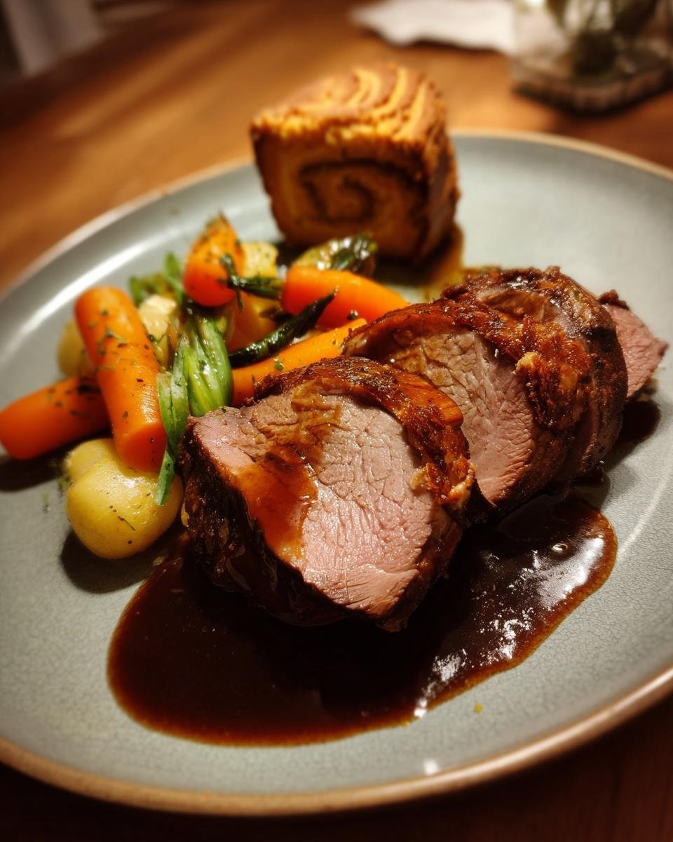 Heimisches Wild auf Gin Jus, serviert mit Baumkuchen und Wintergemüse, auf einem Teller.