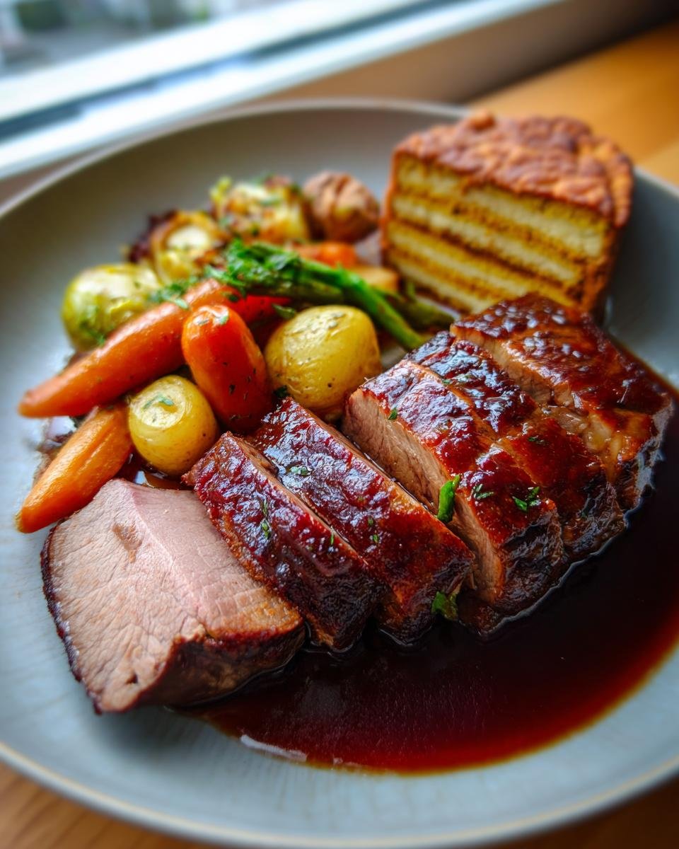 Heimisches Wild auf Gin Jus serviert mit Baumkuchen und Wintergemüse, ein festliches deutsches Gericht.